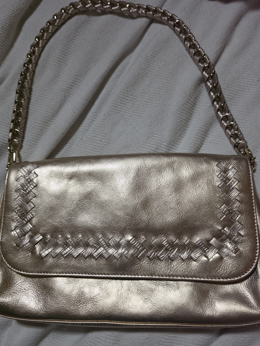 Metallic Rose Gold Shoulder Bag with Woven Detail